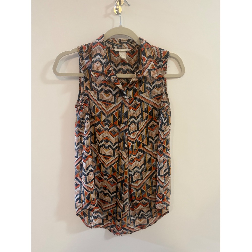 HM Womens Sleeveless Geometric Tribal Print Button Down Blouse Orange Black Sz 2